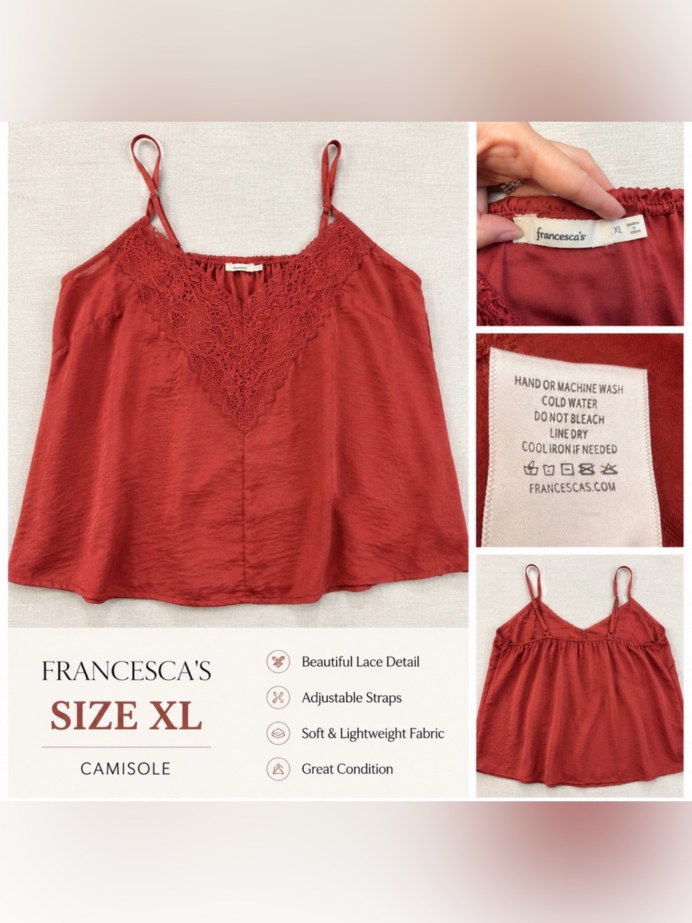 Francesca's Rust Red Lace-Trim Spaghetti Strap Cami XL